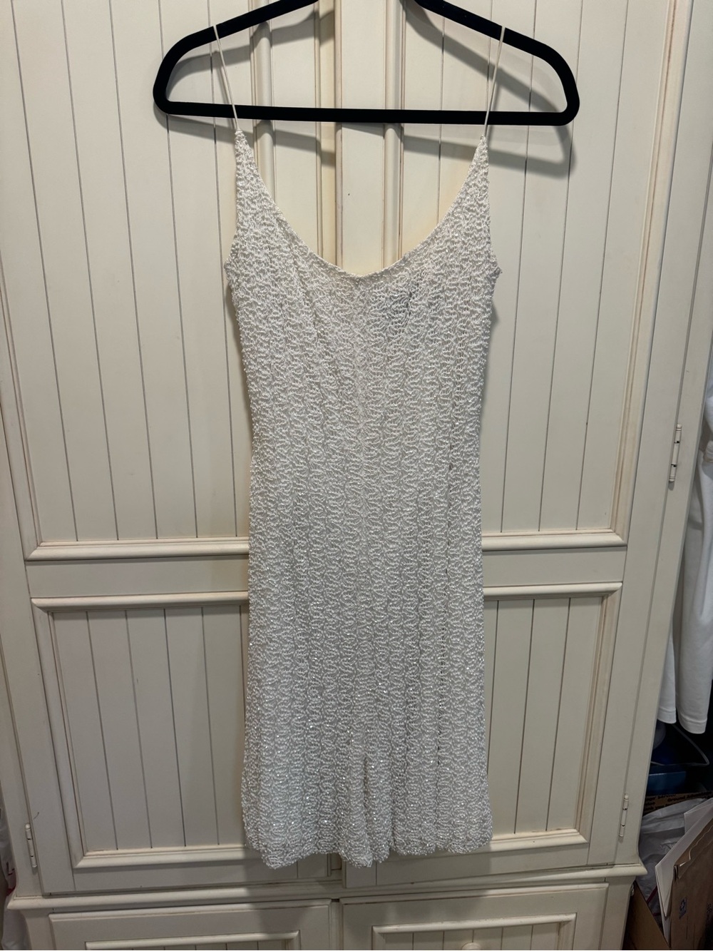Beaded White Slip Dress with Spaghetti Straps, size 6, Carmen Marc Valvo